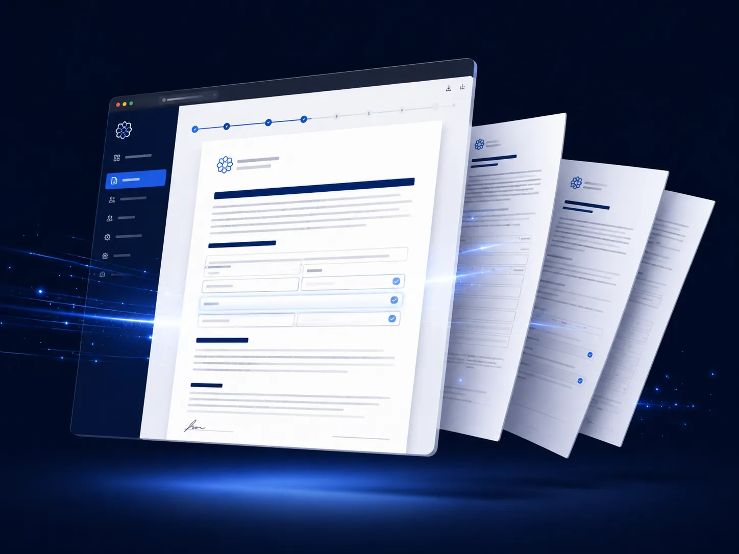 A Provider Essentials document being generated on screen, with finished pages fanning out